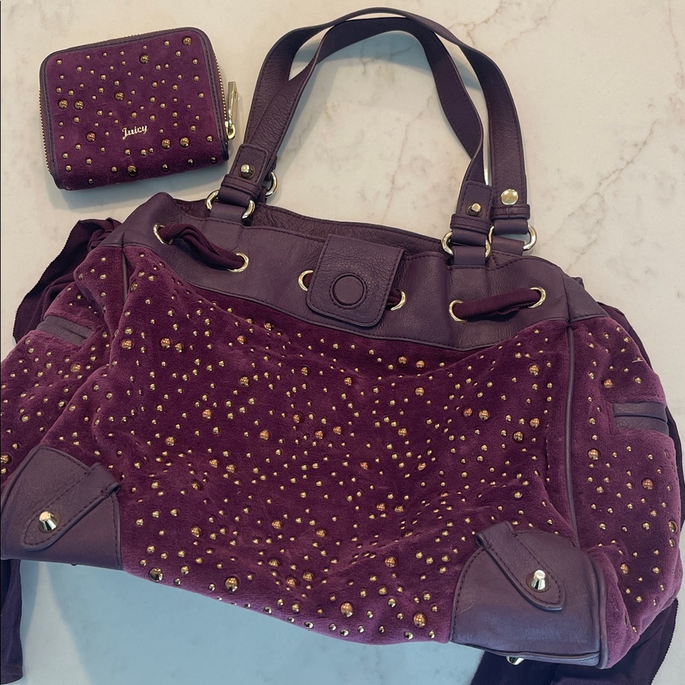 Juicy Couture Purple💜 Gold💛 Studded Velour Shoulder Bag & matching wallet NWT
